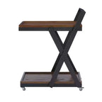 Desserte de bar de ferme rustique à 4 roulettes Dafred, en bois brun foncé et bronze foncé – Powell : chariot de service d'intérieur à étagères fixes