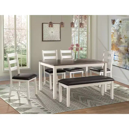 Ensemble de salle à manger 6 pièces marron Kona - Picket House Furnishings : Chaises rembourrées, Banc en bois, Table rectangulaire