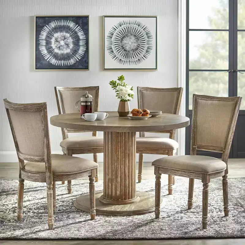 Ensemble de salle à manger rond Isla Pedestal 5 pièces Lifestorey 45,75 po, bois de récupération naturel/gris clair