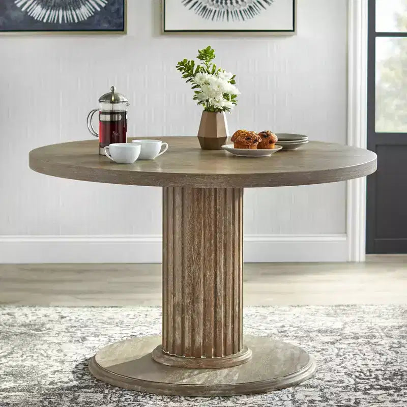 Ensemble de salle à manger rond Isla Pedestal 5 pièces Lifestorey 45,75 po, bois de récupération naturel/gris clair
