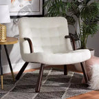 Fauteuil d'appoint Eisa en similicuir retourné rembourré et bois Blanc/Noyer - Baxton Studio