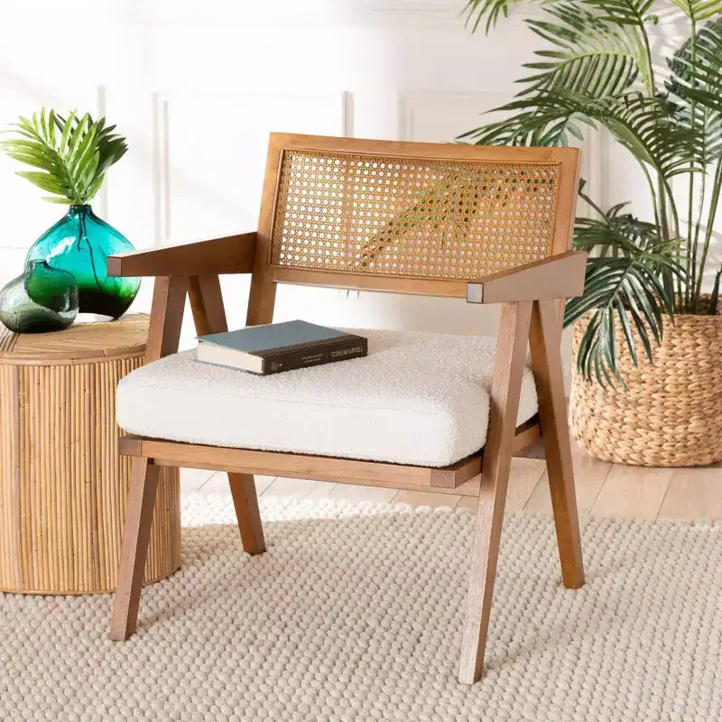 Baxton Studio Jetsam Boucle Fabric and Wood Arm Chair Cream/Walnut Brown: Upholstered Accent Furniture