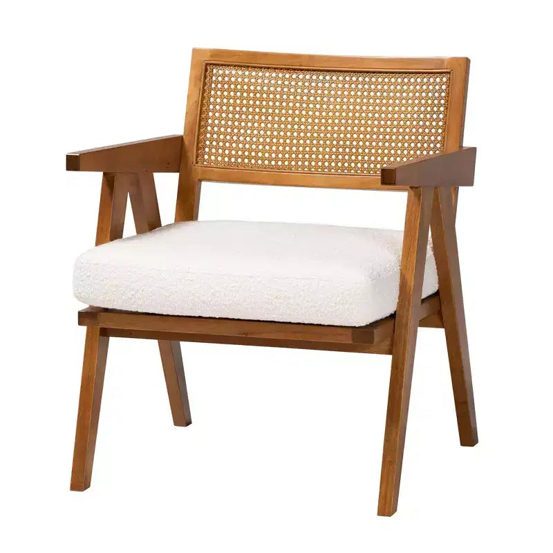 Fauteuil Baxton Studio Jetsam en tissu bouclé et bois crème/noyer marron : meuble d'appoint rembourré
