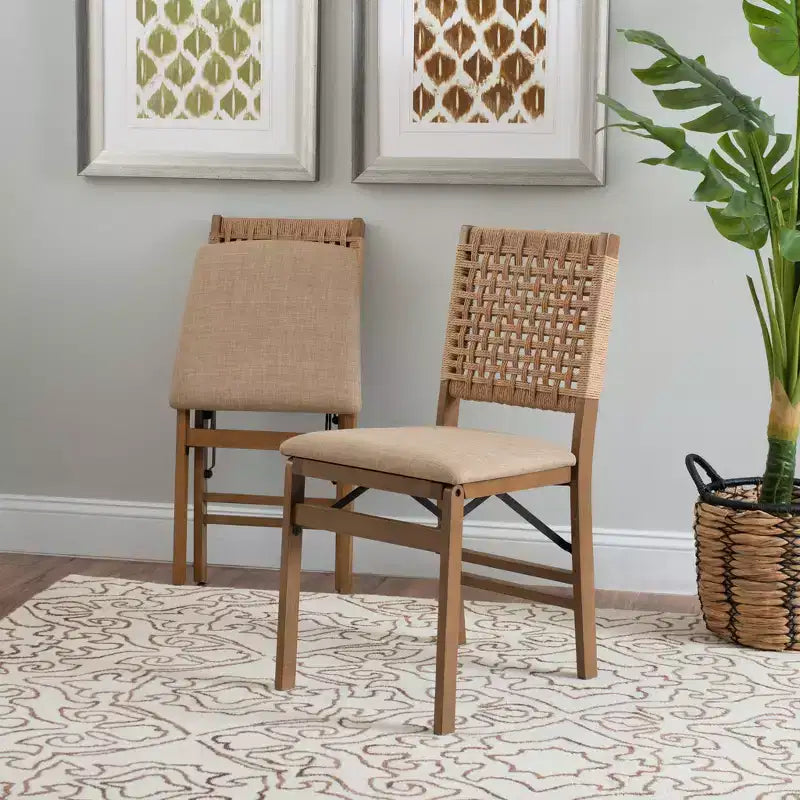 Linon Lot de 2 chaises pliantes modernes du milieu du siècle à dossier tissé Valley et siège rembourré naturel
