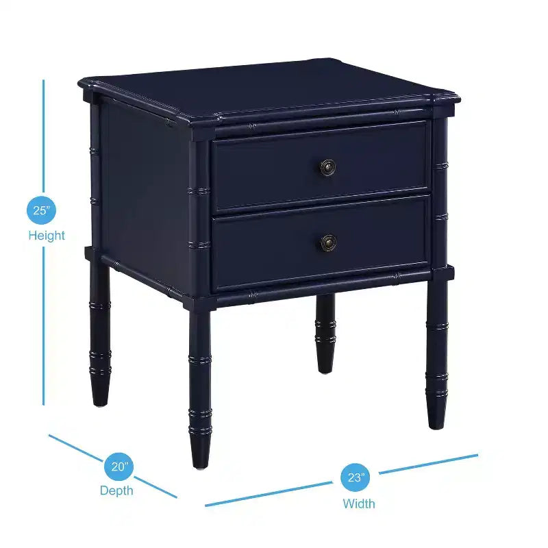 Table de chevet Comfort Pointe Ellison bleu nuit : style côtier, 2 tiroirs, cadre en MDF et peuplier, 63,5 cm H x 58,4 cm L