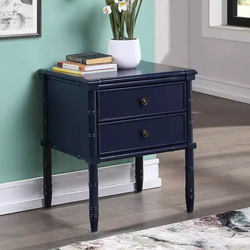Table de chevet Comfort Pointe Ellison bleu nuit : style côtier, 2 tiroirs, cadre en MDF et peuplier, 63,5 cm H x 58,4 cm L