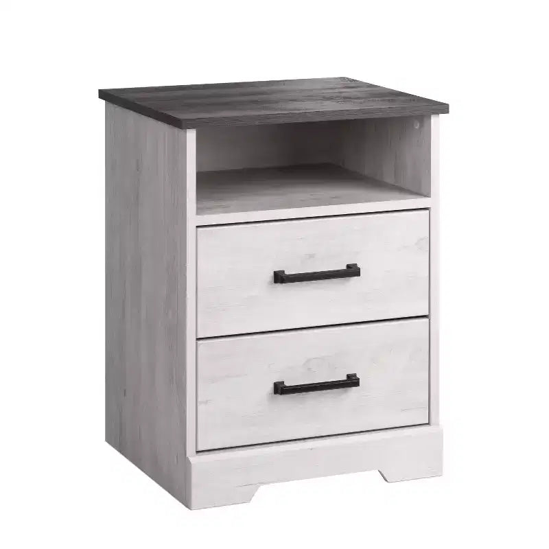 Table de chevet de ferme Prepac Rustic Ridge avec 2 tiroirs et compartiment ouvert Blanc délavé
