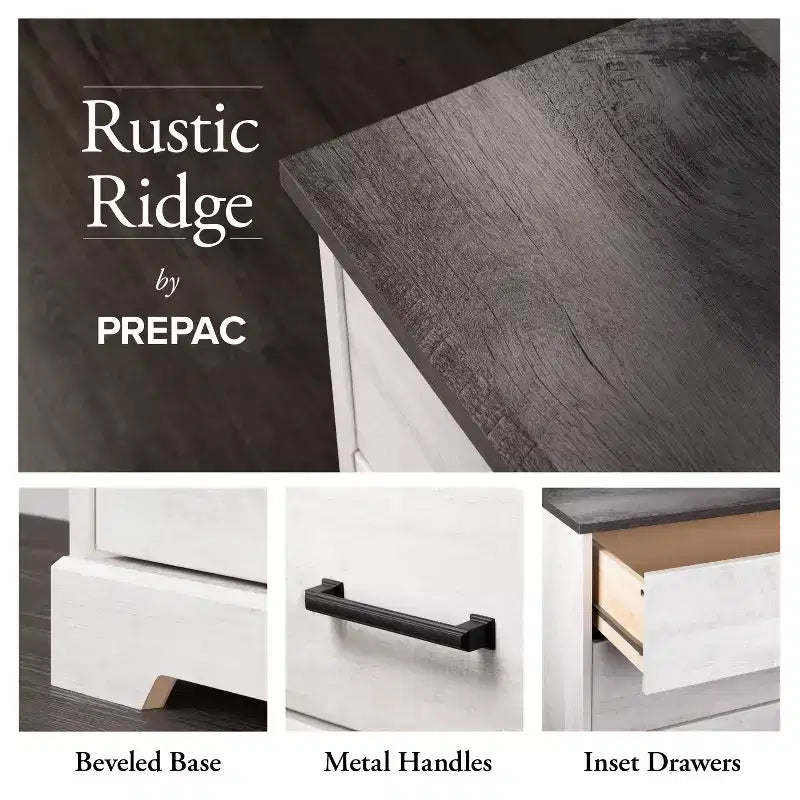 Table de chevet de ferme Prepac Rustic Ridge avec 2 tiroirs et compartiment ouvert Blanc délavé