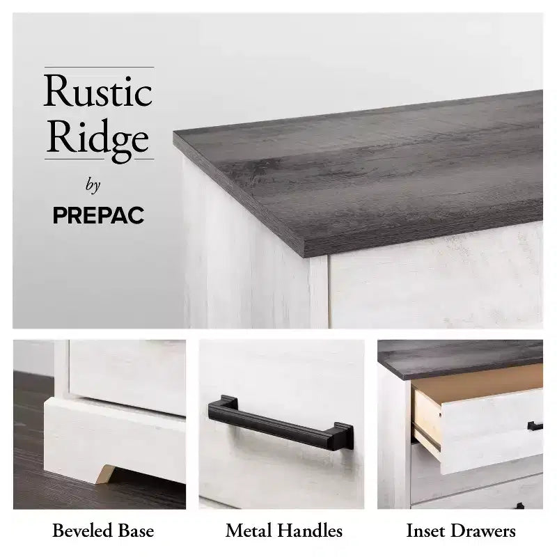 Table de chevet de ferme Prepac Rustic Ridge avec 2 tiroirs et compartiment ouvert Blanc délavé