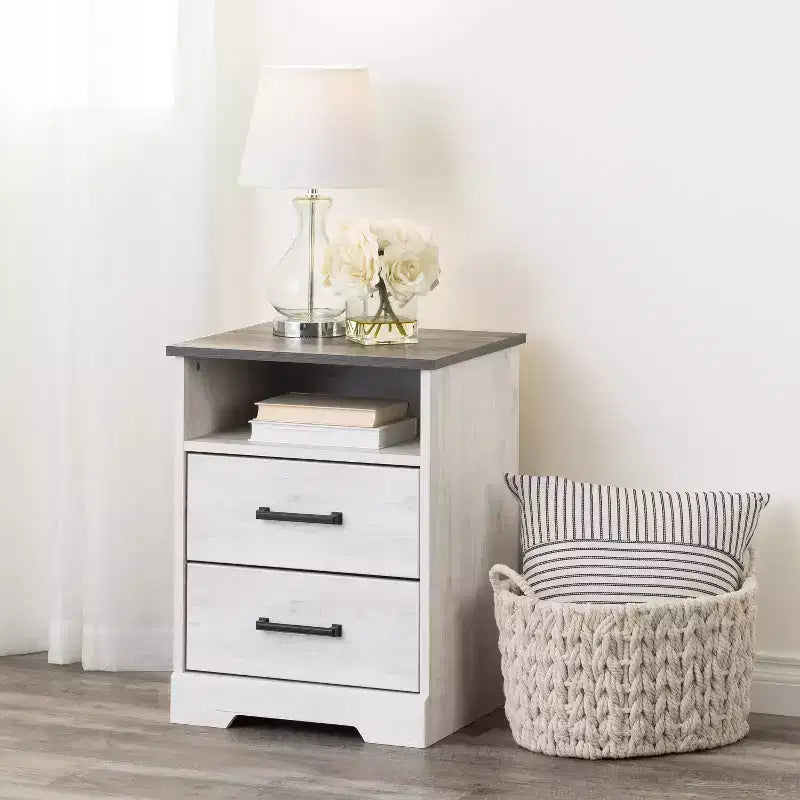Table de chevet de ferme Prepac Rustic Ridge avec 2 tiroirs et compartiment ouvert Blanc délavé