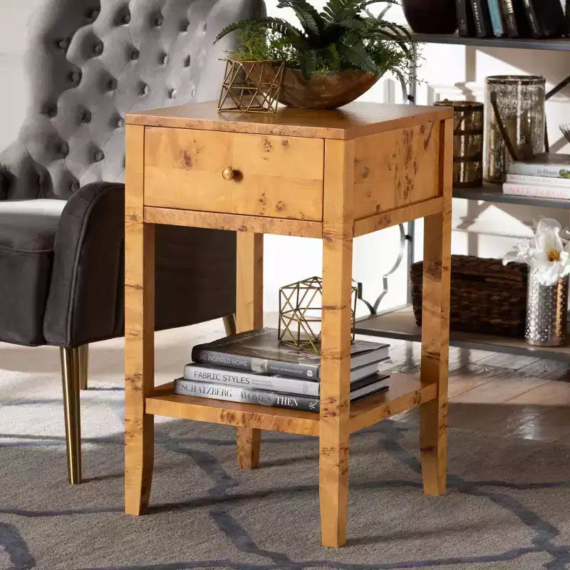 bali & pari Ghina Wood 1 tiroir Table de Chevet Loupe de Peuplier Clair
