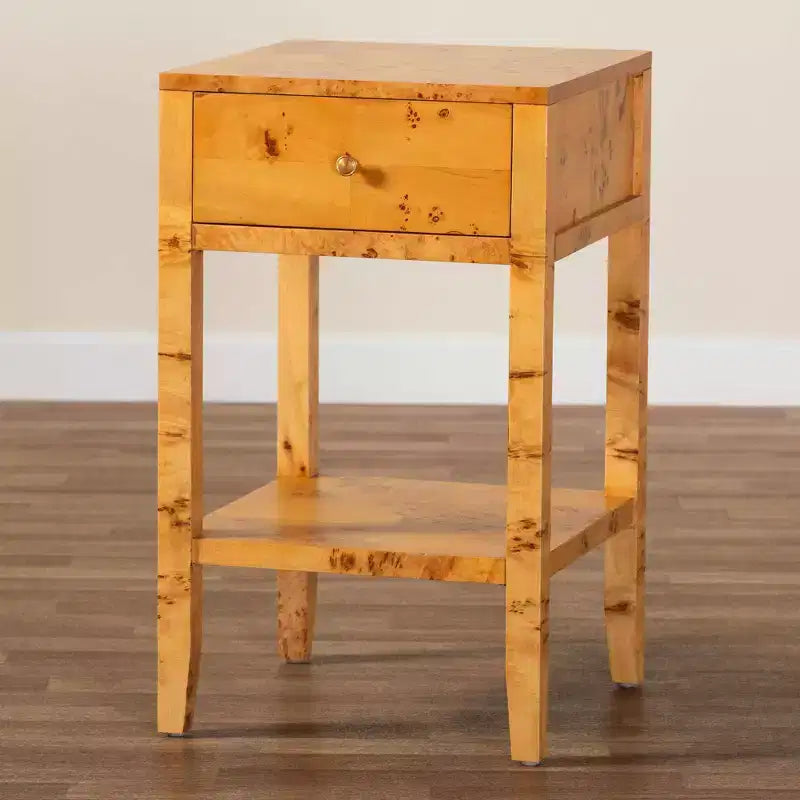 bali & pari Ghina Wood 1 tiroir Table de Chevet Loupe de Peuplier Clair
