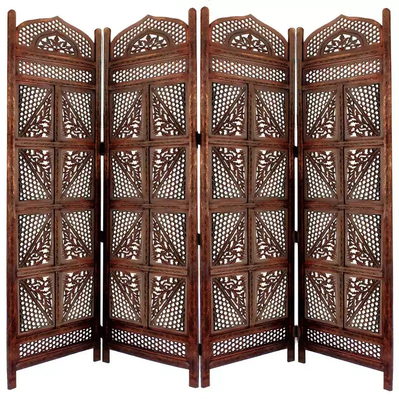 Benzara Traditional Four Panel Wooden Room Divider with Hand Carved Details Antique Brown