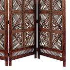 Séparateur de pièce traditionnel à quatre panneaux en bois Benzara avec détails sculptés à la main, brun antique