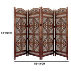 Séparateur de pièce traditionnel à quatre panneaux en bois Benzara avec détails sculptés à la main, brun antique