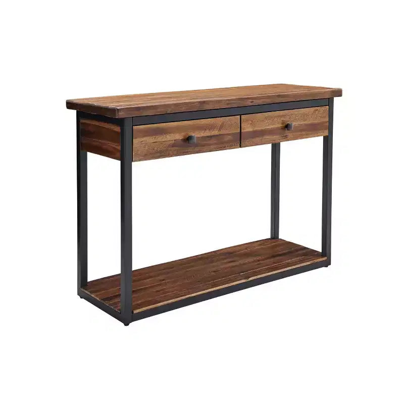 Console en bois rustique Claremont avec deux tiroirs et étagère basse brun foncé - Meubles Alaterre : Style industriel, cadre en métal, rangement d'entrée