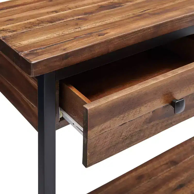 Console en bois rustique Claremont avec deux tiroirs et étagère basse brun foncé - Meubles Alaterre : Style industriel, cadre en métal, rangement d'entrée