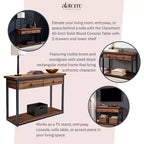 Console en bois rustique Claremont avec deux tiroirs et étagère basse brun foncé - Meubles Alaterre : Style industriel, cadre en métal, rangement d'entrée