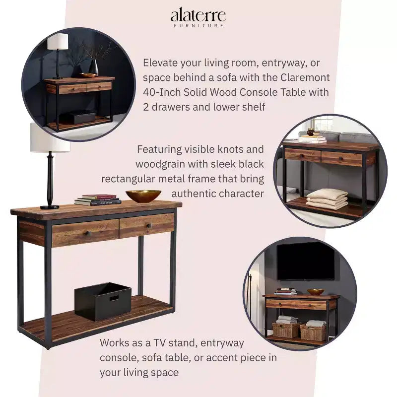 Console en bois rustique Claremont avec deux tiroirs et étagère basse brun foncé - Meubles Alaterre : Style industriel, cadre en métal, rangement d'entrée