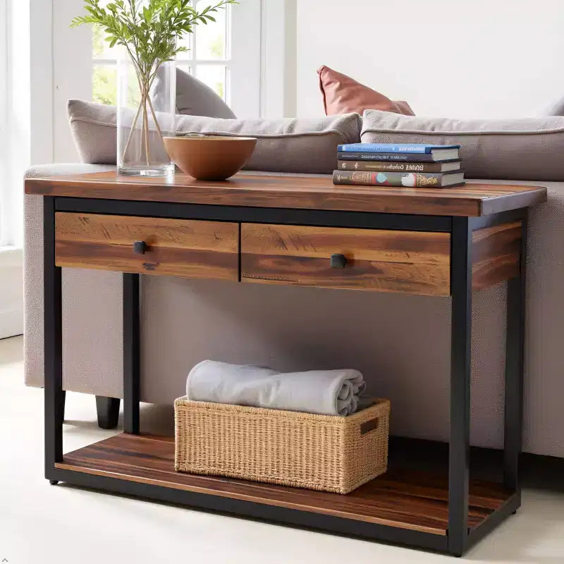 Console en bois rustique Claremont avec deux tiroirs et étagère basse brun foncé - Meubles Alaterre : Style industriel, cadre en métal, rangement d'entrée