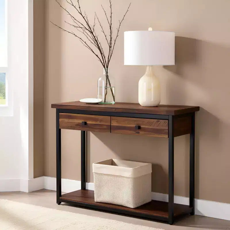 Console en bois rustique Claremont avec deux tiroirs et étagère basse brun foncé - Meubles Alaterre : Style industriel, cadre en métal, rangement d'entrée