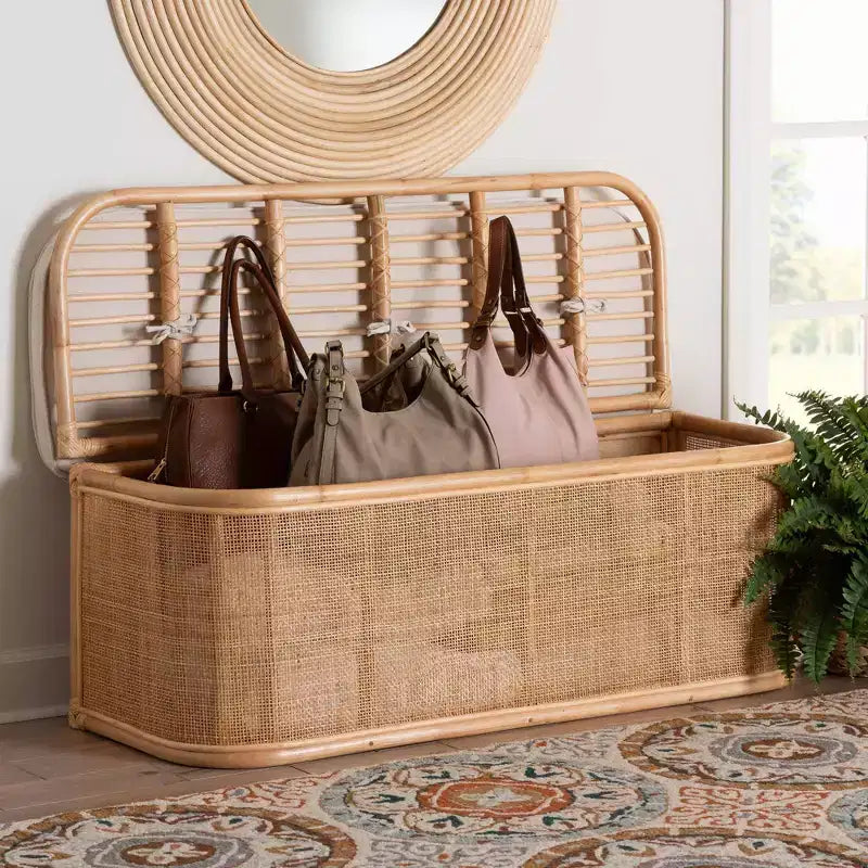 bâli & pari Banc de rangement Ishana en rotin naturel, naturel/blanc : Polyester rembourré, cadre en contreplaqué, aucun assemblage requis