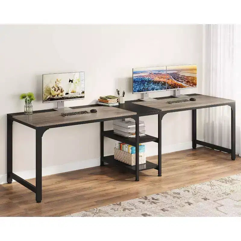 LITTLE TREE 90.55" Double Desk with Storage Shelf Gray/Black