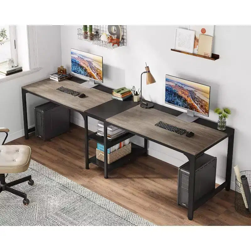 LITTLE TREE Bureau double 229,9 cm avec étagère de rangement Gris/Noir