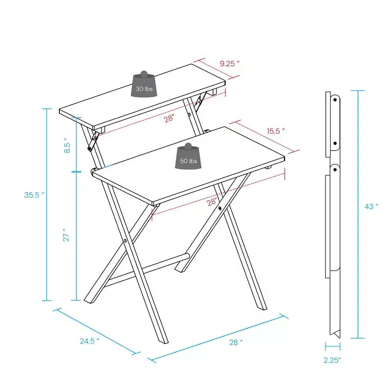 Bureau portable pliable 2 niveaux en bois massif Blanc/Naturel - Flora Home