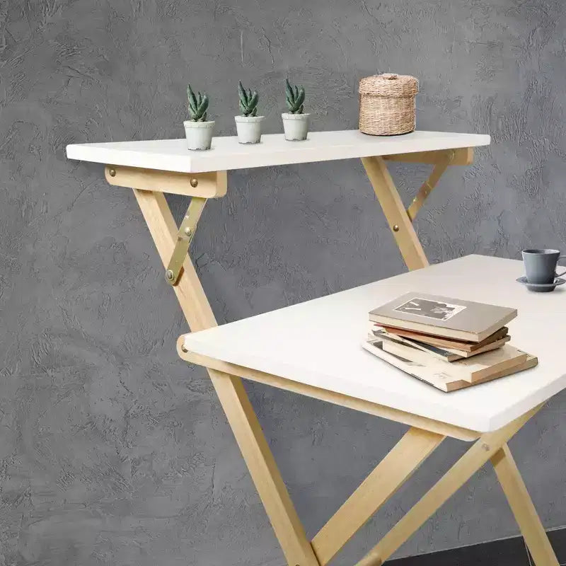Bureau portable pliable 2 niveaux en bois massif Blanc/Naturel - Flora Home