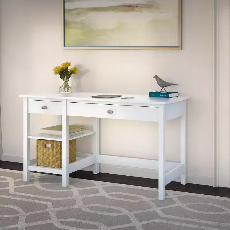Bureau informatique Broadview avec étagères Blanc pur - Bush Furniture : Stratifié MDF, assemblage par un adulte requis