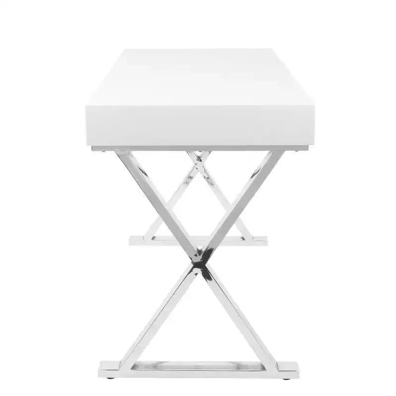 Bureau contemporain Luster blanc - LumiSource : Piètement en X chromé, MDF, Fini lustré, Tiroir coulissant