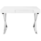 Bureau contemporain Luster blanc - LumiSource : Piètement en X chromé, MDF, Fini lustré, Tiroir coulissant