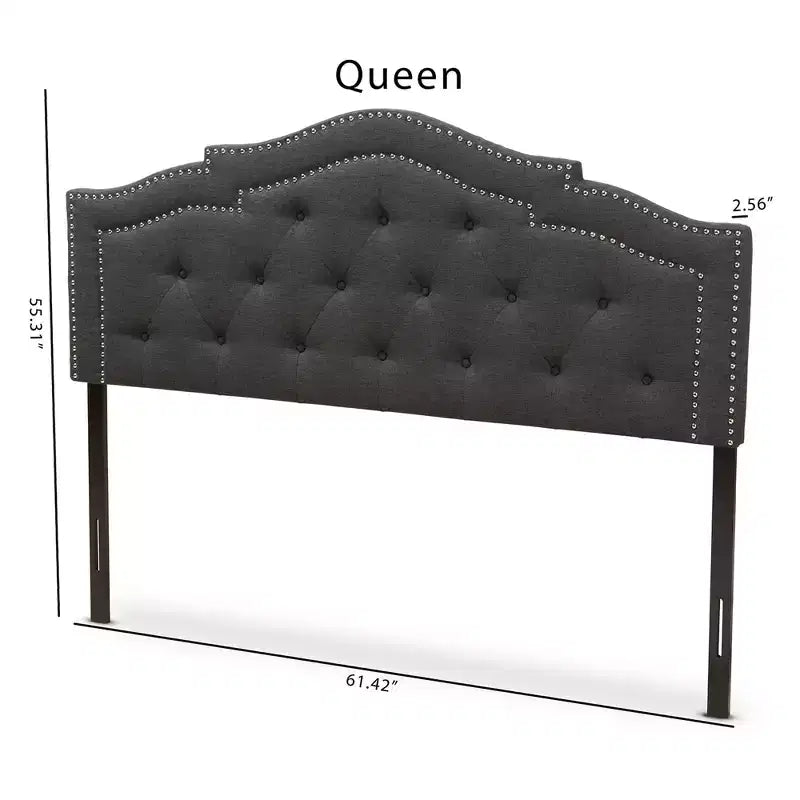 Tête de lit en tissu moderne et contemporain gris foncé Queen Edith - Baxton Studio : Bordure cloutée, hauteur réglable