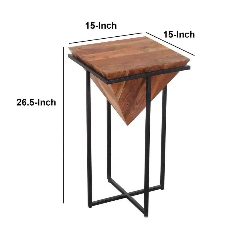 Table d'appoint Urban Port en bois, forme pyramidale, 26 pouces, avec base en métal croisé, marron/noir