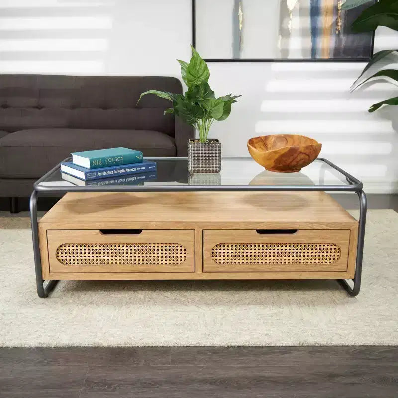 Olivia & May Table basse en bois à 1 étagère avec 2 tiroirs à façade en rotin et cadre en métal gris Marron : Style ferme moderne d'intérieur, Aucun assemblage requis