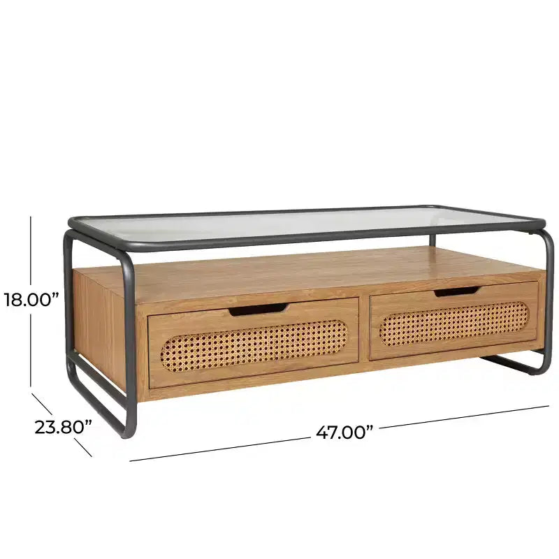 Olivia & May Table basse en bois à 1 étagère avec 2 tiroirs à façade en rotin et cadre en métal gris Marron : Style ferme moderne d'intérieur, Aucun assemblage requis