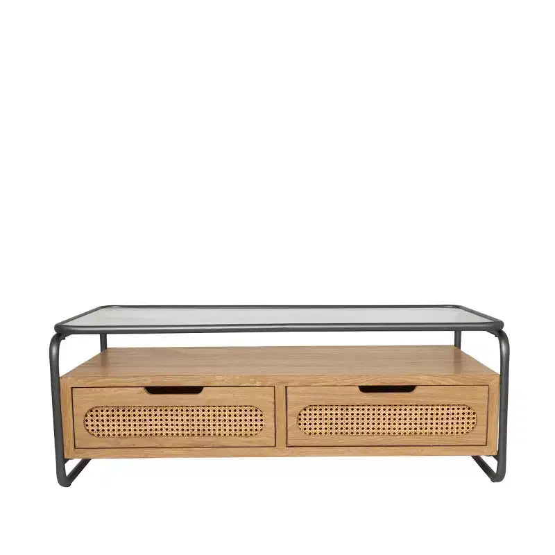Olivia & May Table basse en bois à 1 étagère avec 2 tiroirs à façade en rotin et cadre en métal gris Marron : Style ferme moderne d'intérieur, Aucun assemblage requis