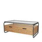 Olivia & May Table basse en bois à 1 étagère avec 2 tiroirs à façade en rotin et cadre en métal gris Marron : Style ferme moderne d'intérieur, Aucun assemblage requis