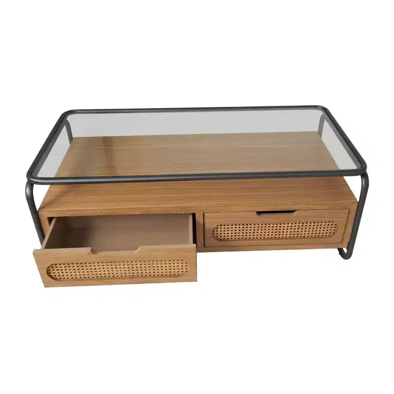 Olivia & May Table basse en bois à 1 étagère avec 2 tiroirs à façade en rotin et cadre en métal gris Marron : Style ferme moderne d'intérieur, Aucun assemblage requis