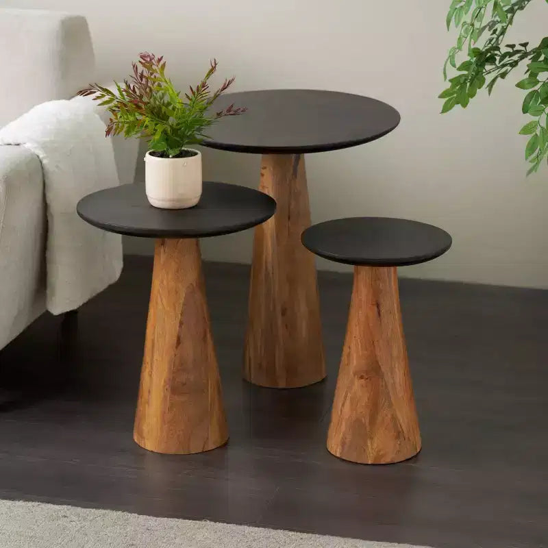 Olivia & May – Table d'appoint conique faite à la main en bois de manguier avec plateaux noirs, lot de 3 marron : table piédestal ronde et moderne