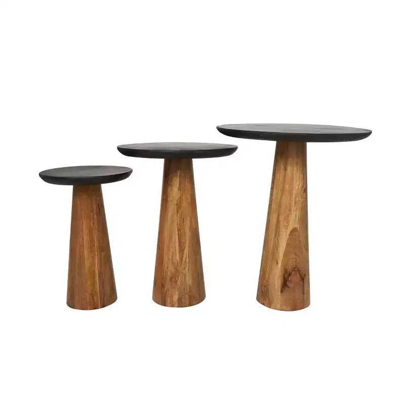 Olivia & May – Table d'appoint conique faite à la main en bois de manguier avec plateaux noirs, lot de 3 marron : table piédestal ronde et moderne