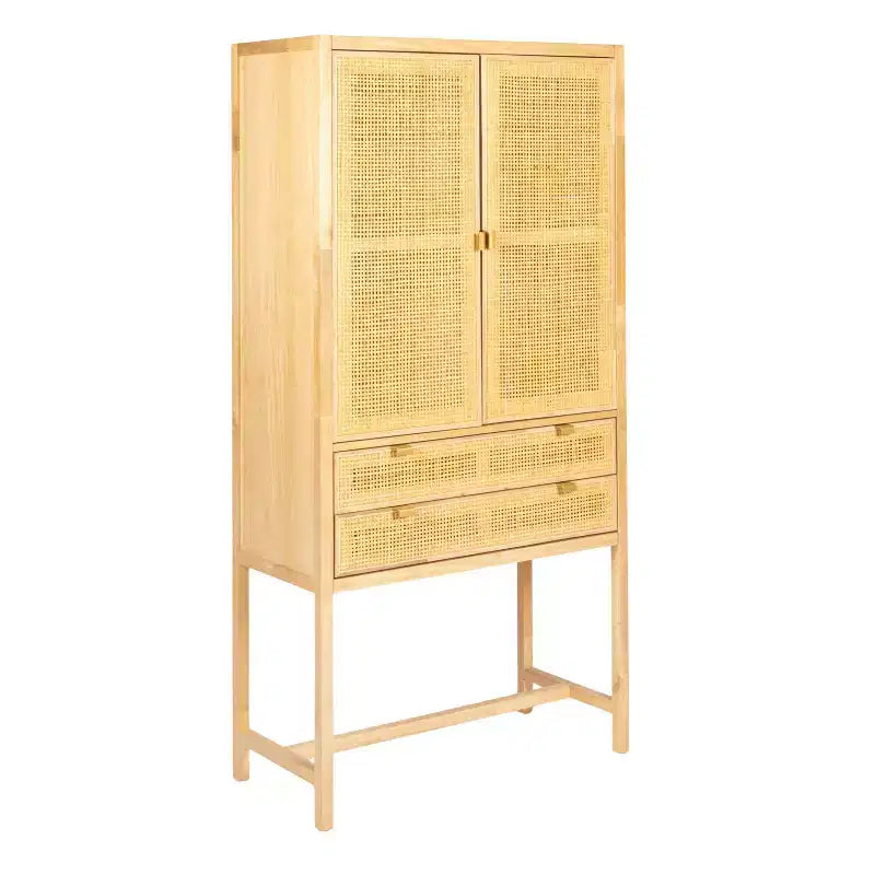 Armoire de rangement décorative Storied Home Nero 170 cm H, couleur naturelle : Hêtre et MDF, Étagère fixe, 2 Tiroirs