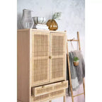 Armoire de rangement décorative Storied Home Nero 170 cm H, couleur naturelle : Hêtre et MDF, Étagère fixe, 2 Tiroirs