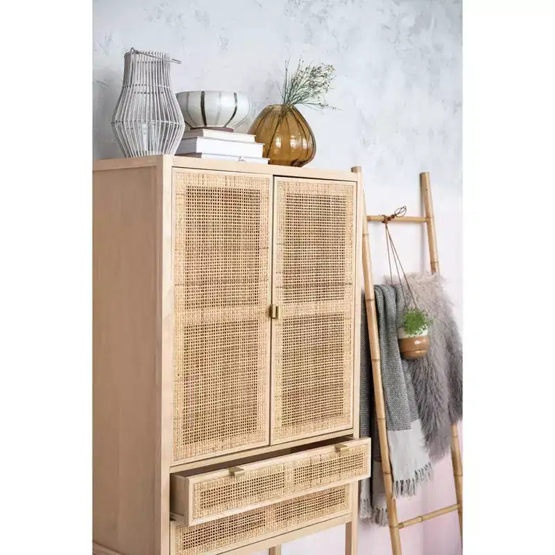 Armoire de rangement décorative Storied Home Nero 170 cm H, couleur naturelle : Hêtre et MDF, Étagère fixe, 2 Tiroirs
