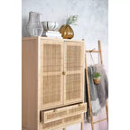 Armoire de rangement décorative Storied Home Nero 170 cm H, couleur naturelle : Hêtre et MDF, Étagère fixe, 2 Tiroirs