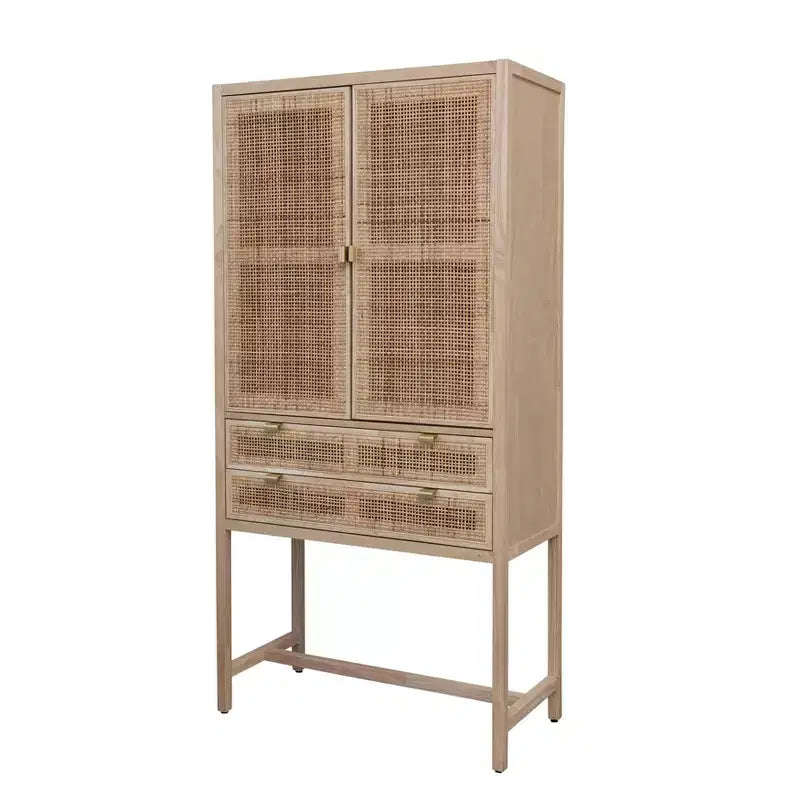 Armoire de rangement décorative Storied Home Nero 170 cm H, couleur naturelle : Hêtre et MDF, Étagère fixe, 2 Tiroirs