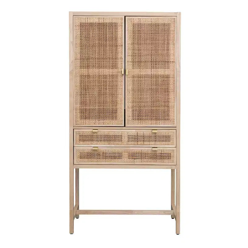 Armoire de rangement décorative Storied Home Nero 170 cm H, couleur naturelle : Hêtre et MDF, Étagère fixe, 2 Tiroirs