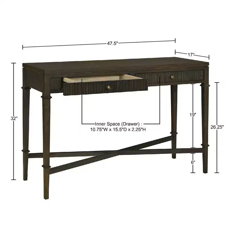 Console de rangement Martha Stewart Kenna à 2 tiroirs avec cannelures, marron : style traditionnel, pieds en bois, capacité de 38,5 kg