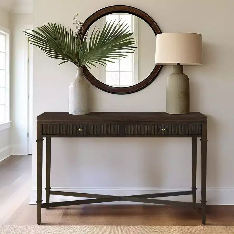 Console de rangement Martha Stewart Kenna à 2 tiroirs avec cannelures, marron : style traditionnel, pieds en bois, capacité de 38,5 kg